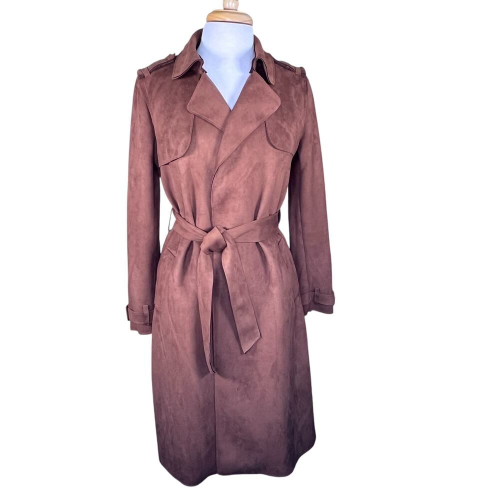 Magaschoni Women’s Chocolate Brown Faux Suede Belted Wrap Coat Size S EUC